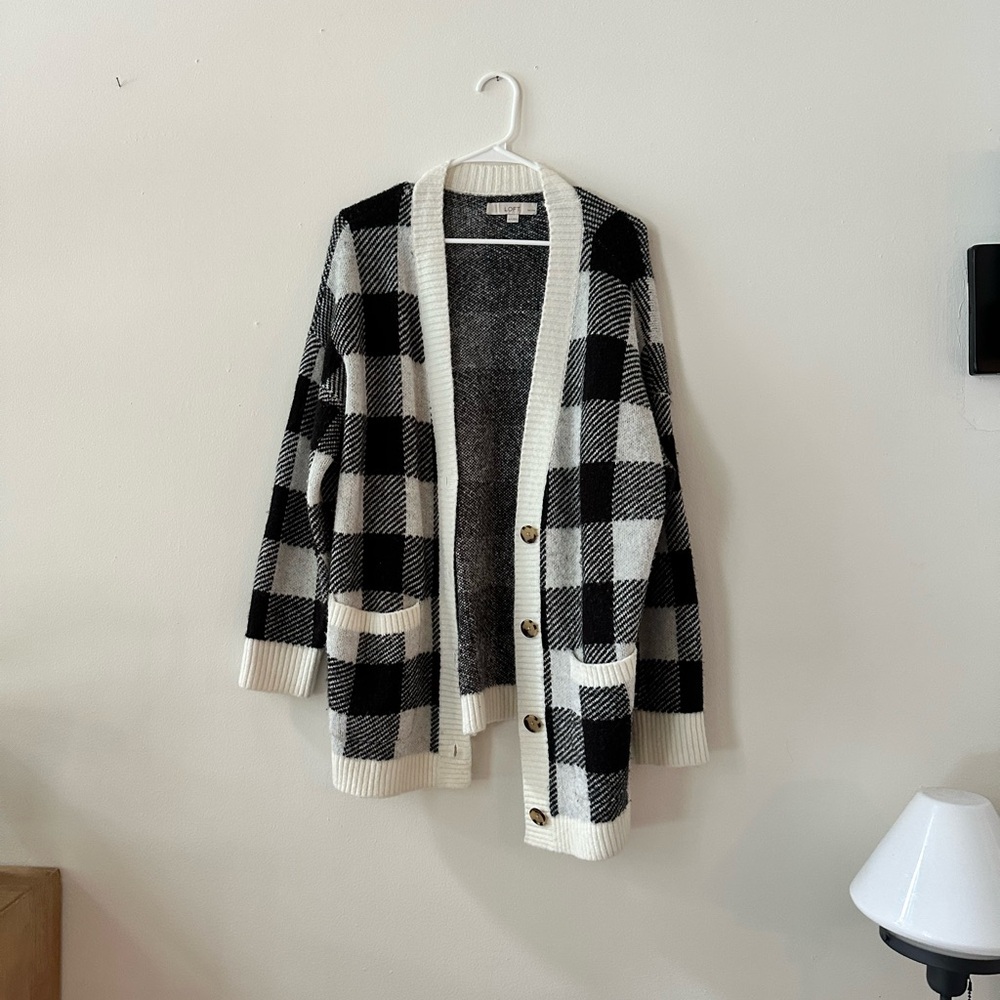 LOFT Black and White Buffalo Check Cardigan Sweater